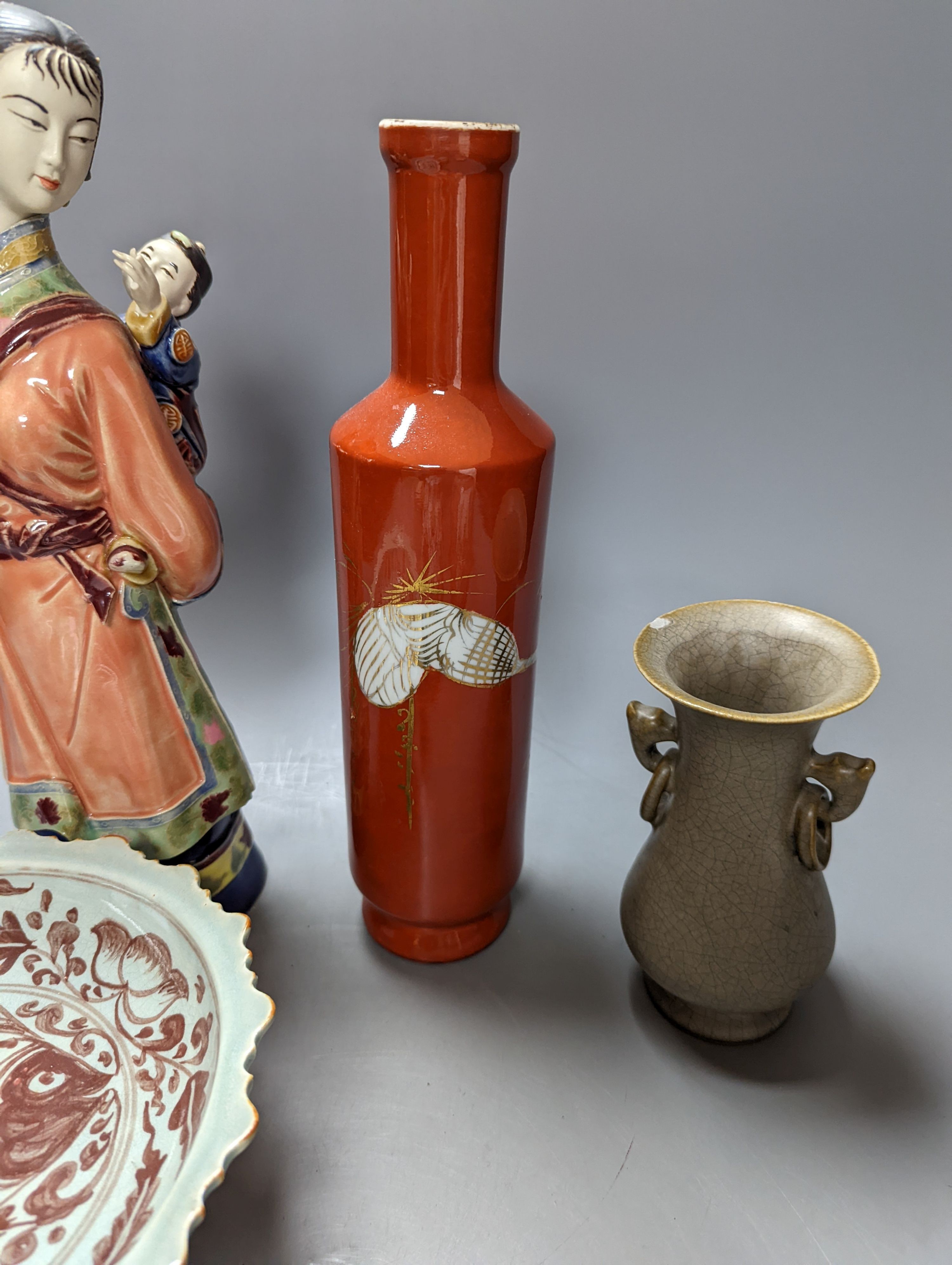 A Chinese porcelain figure group, four vases and a stem dish. Tallest 33cm